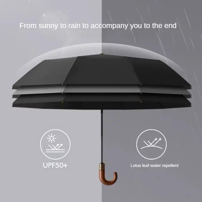 Parapluie automatique pliant UPF50+ anti-UV et vent - Design compact style manche courbe soleil pluie