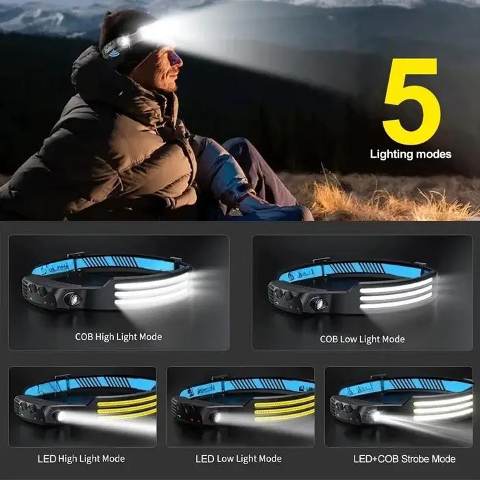 Lampe frontale induction COB+LED double technologie - Rechargeable USB étanche multifonction pêche travail