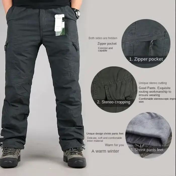 Pantalon tactique polaire hiver épais chaud ample multi-poches pêche outdoor homme