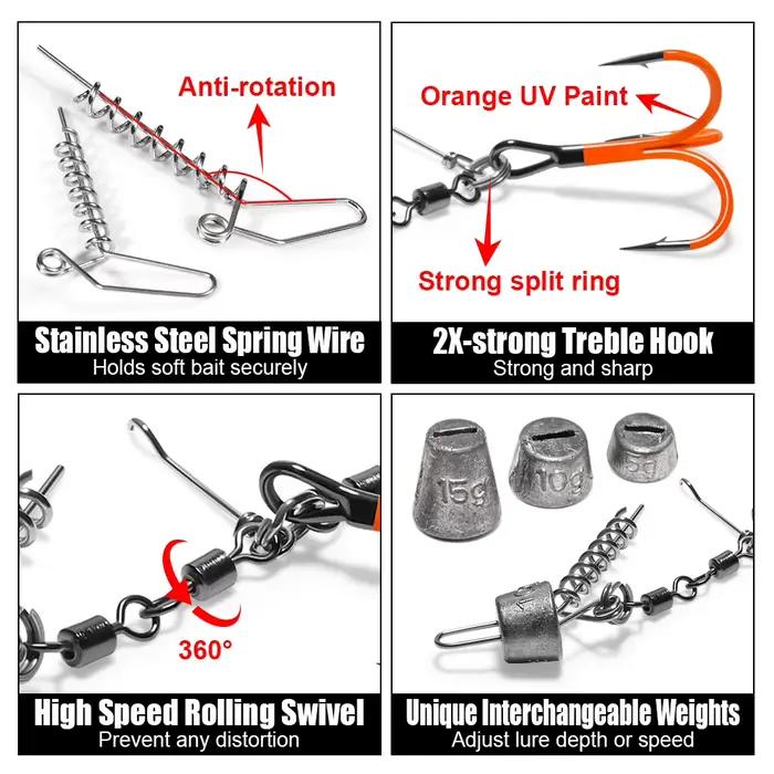 Montages Spinpoler Multi-Depth Flame Stinger Rigs UV Orange Treble Hook pour Brochet et Carnassier