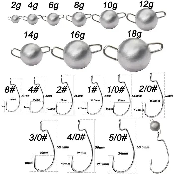 Kit 5 Têtes Plombées Métal Worm Hooks 2g à 18g pour Pêche en Herbiers avec Montage Weedless