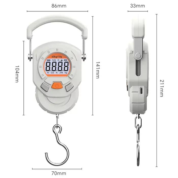 Balance digitale LCD portable 60kg précision 10g pour bagages et pesée poissons avec crochet suspendu