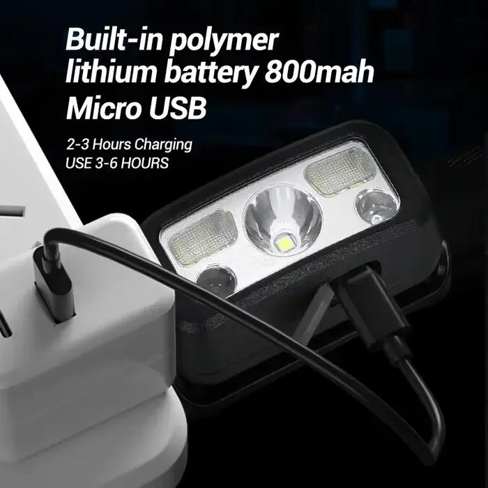 Lampe frontale LED pêche rechargeable USB 8 modes capteur de mouvement puissante pour camping