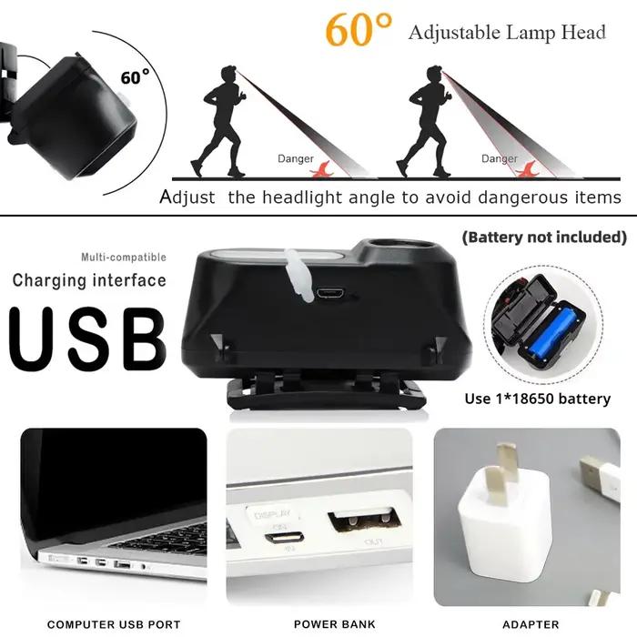 Mini frontale LED pêche portable XPE COB rechargeable USB - Compacte pour pêche discrète et mobile