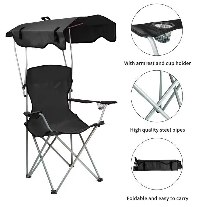 Chaise de pêche pliante avec pare-soleil et porte-gobelet - Siège confortable avec rangement