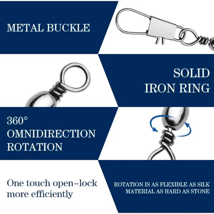 50-100 émerillons à roulement pêche avec clips Fastlock pour connexions rapides et sécurisées