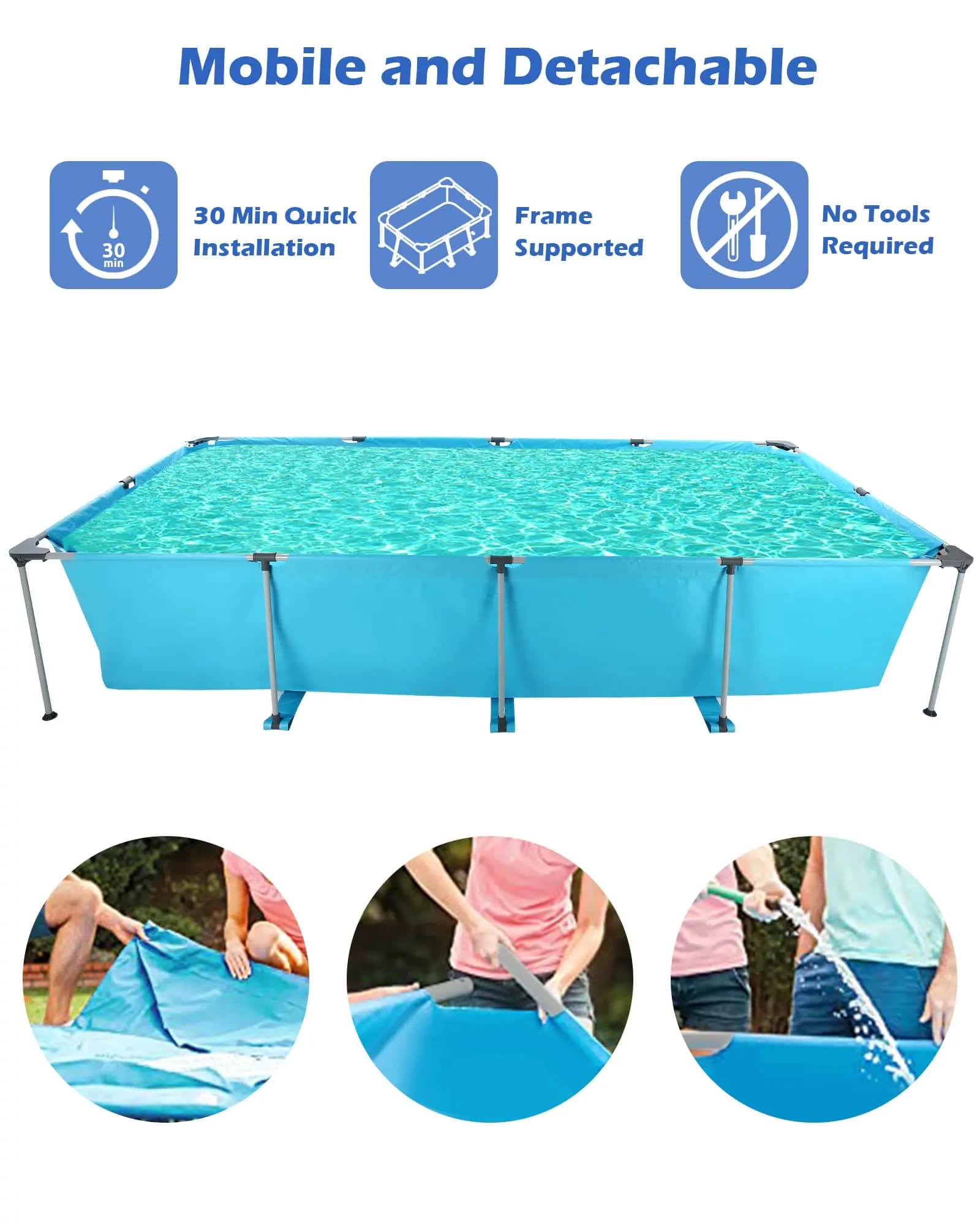 Piscine hors sol rectangulaire 15 pieds, cadre métal robuste pour jardin et arrière-cour familiale