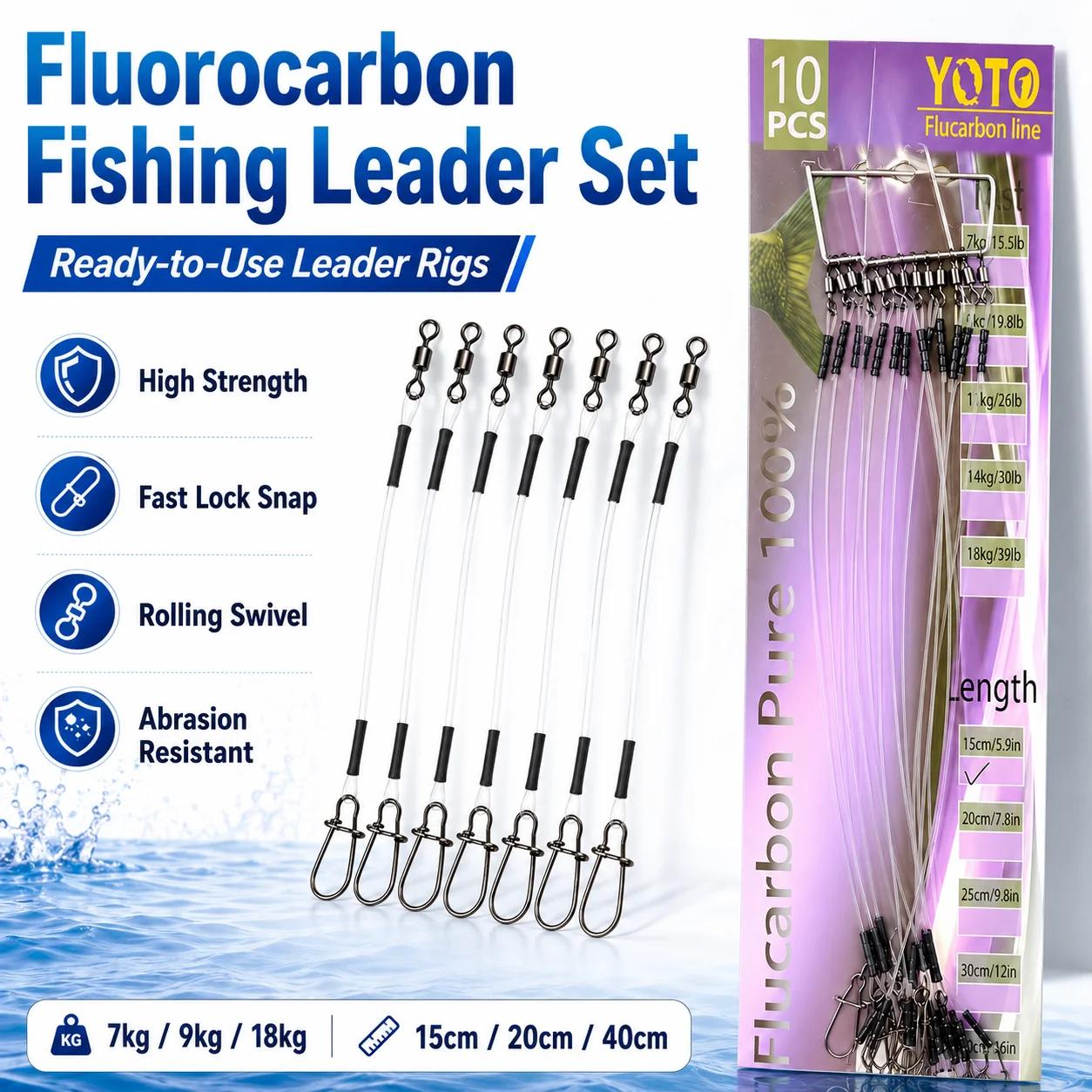 Set ligne carbone fluorocarbone avec émerillon roulant et verrou rapide, test pression 7-18kg canne