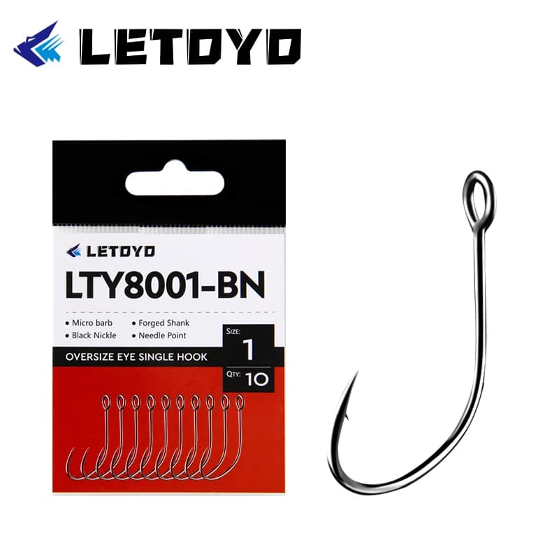 LETOYO Forged Shank Barbed Oversize Eye Fishhook pour spoon lure - Hameçon acier noir pêche rivière