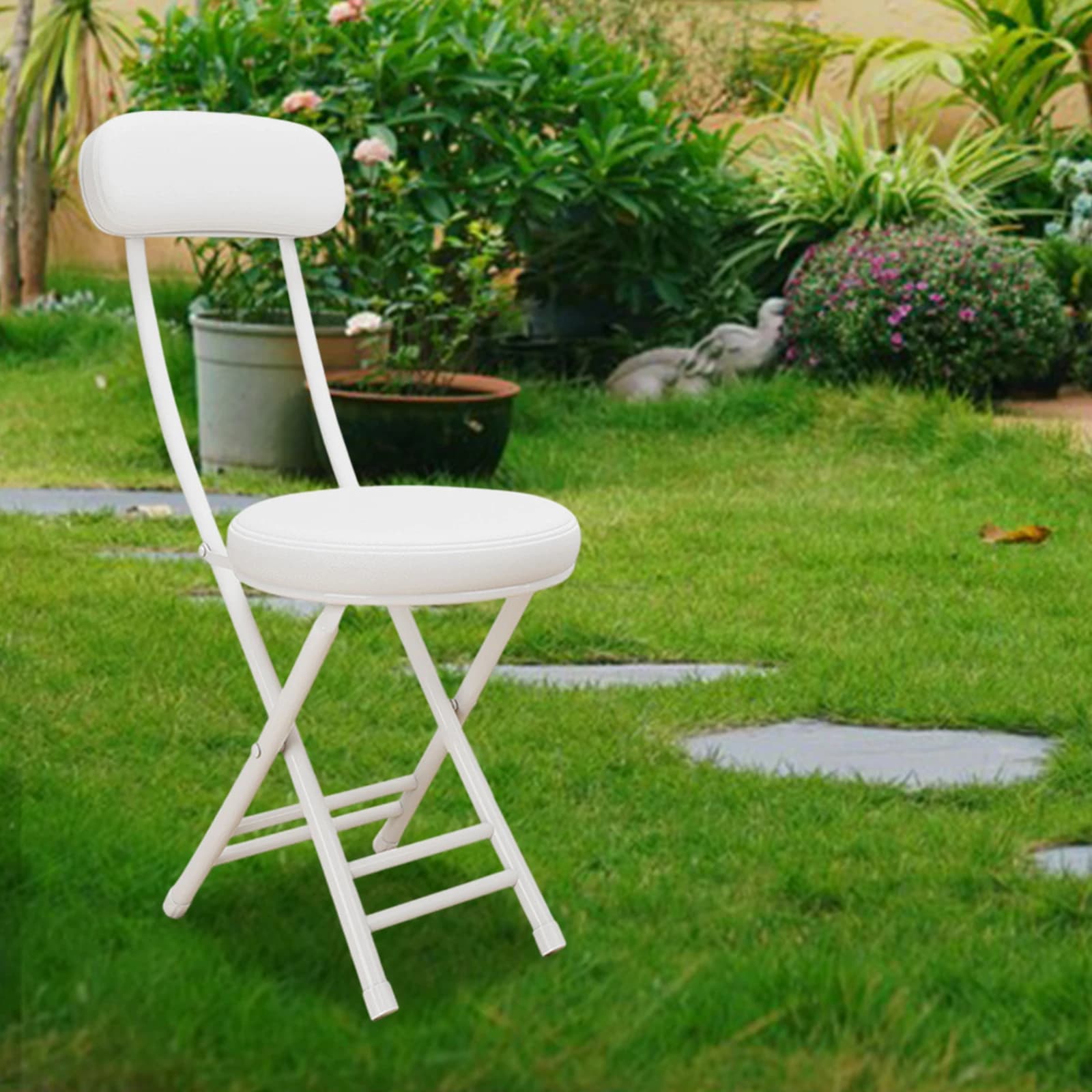Tabouret pliant rembourré avec dossier - Siège compact métal pour pêche jardin et patio