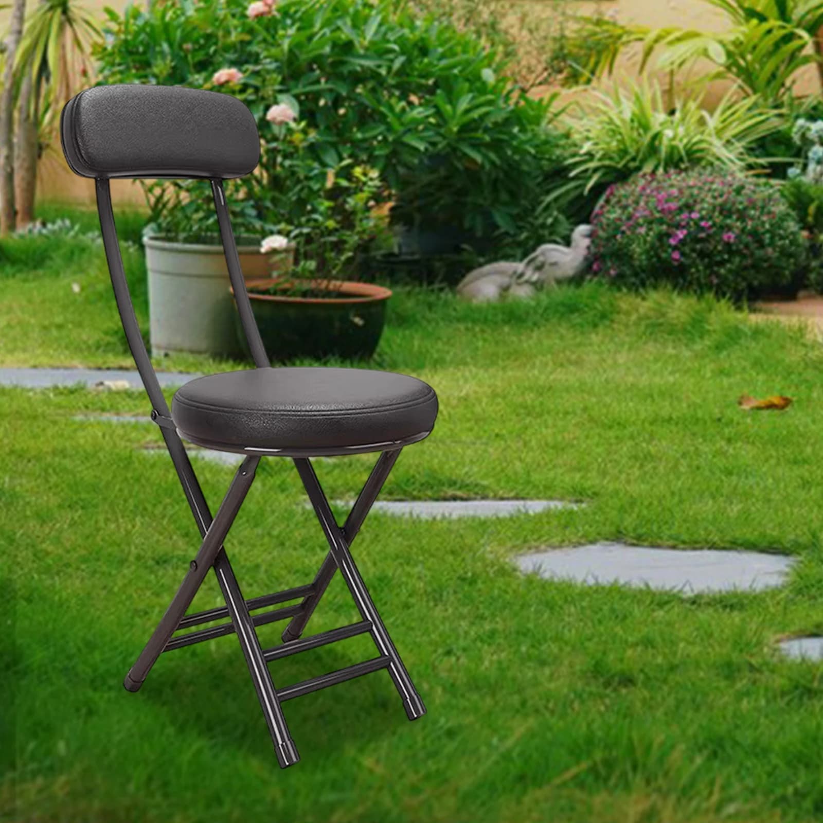 Tabouret pliant rembourré avec dossier - Siège compact métal pour pêche jardin et patio