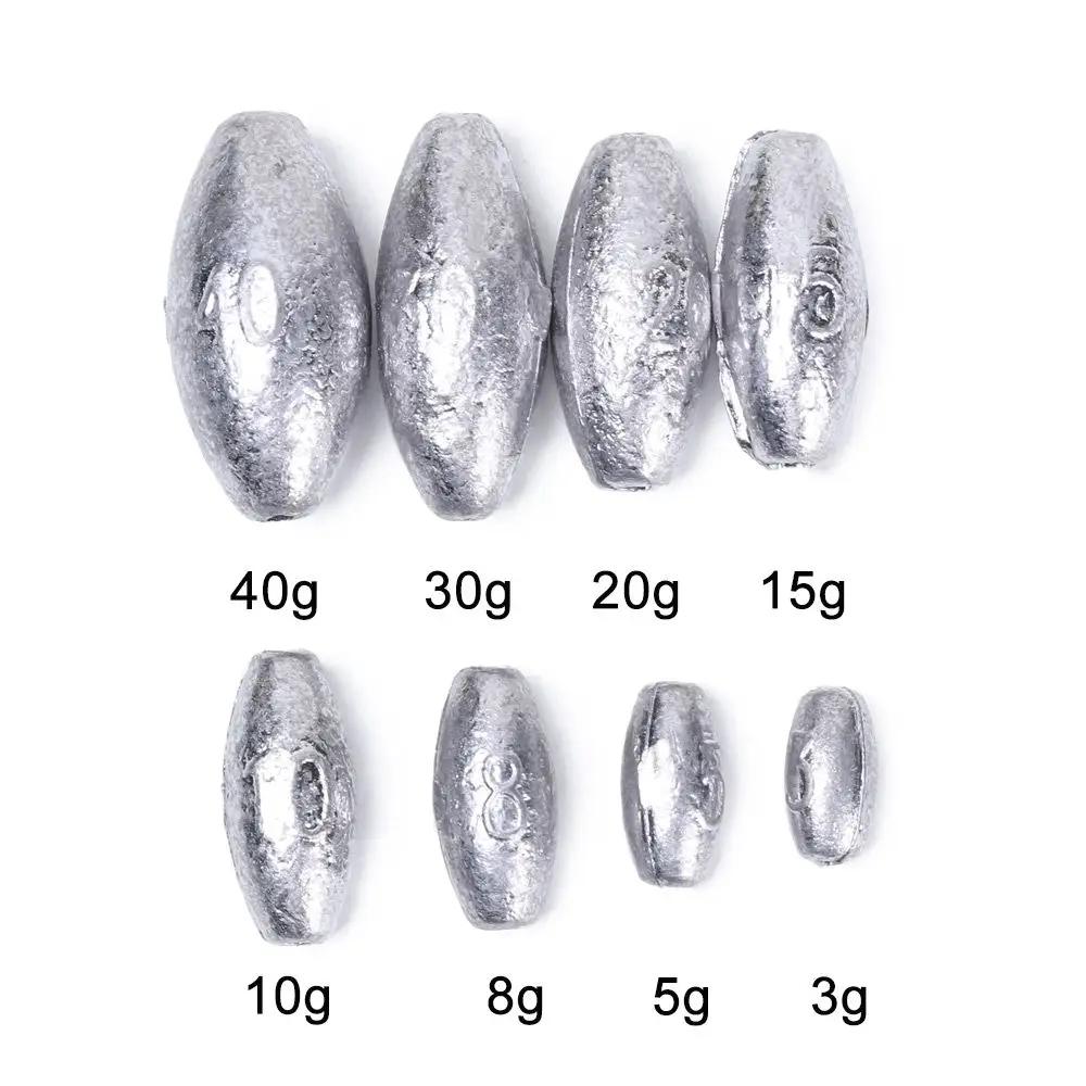 Plombs de pêche olive 5 pièces - Poids 3 à 40g avec ouverture pour ligne et connecteur hameçon