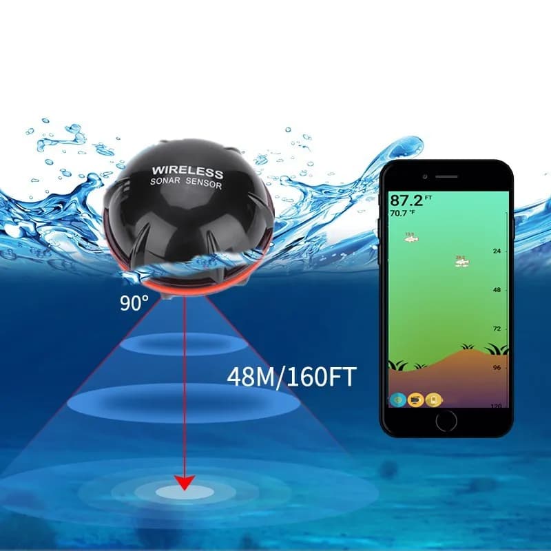 FindFish XA02 Sondeur poissons sans fil 48m/160ft pour pêche mer lac portable échosondeur russe polonais anglais