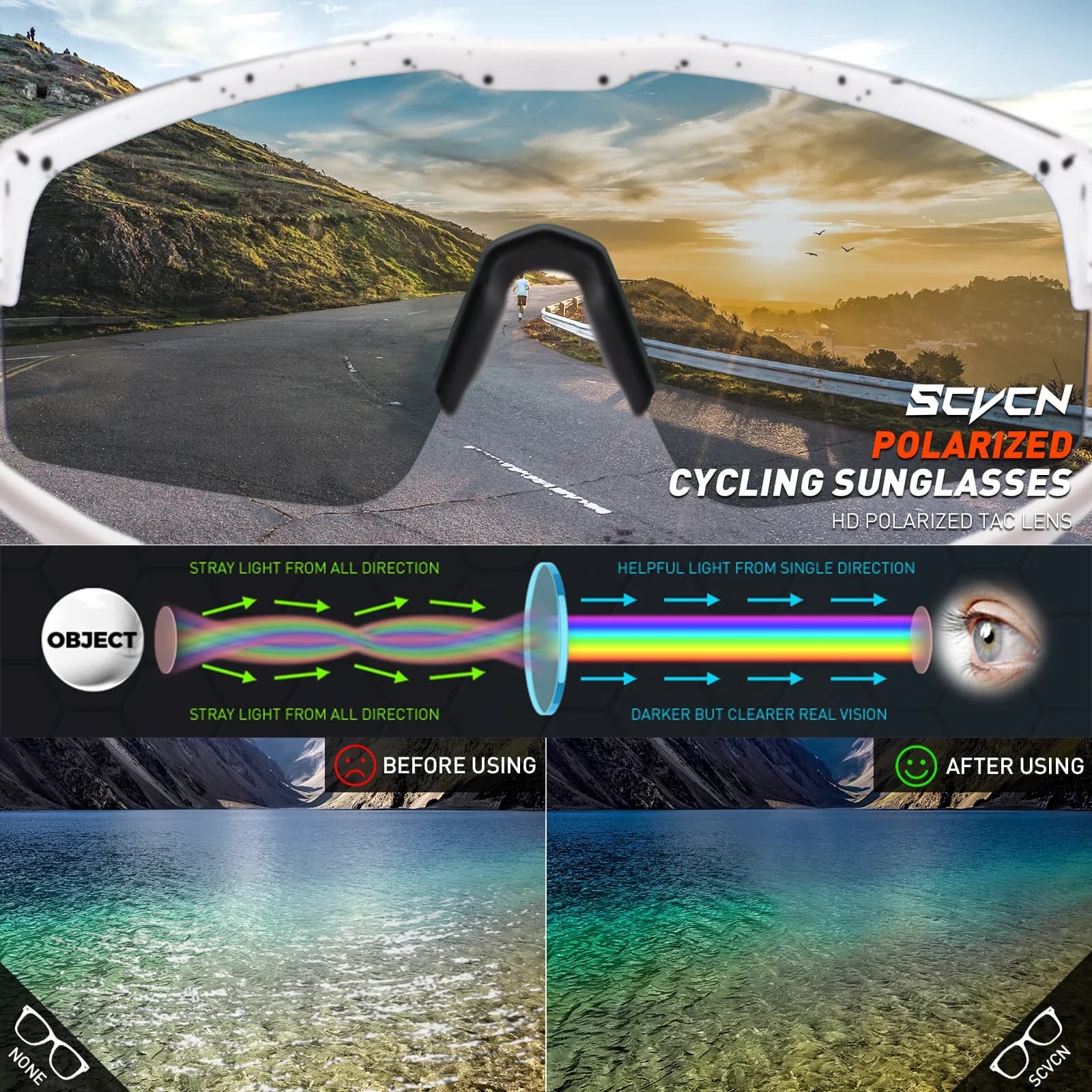 Lunettes de cyclisme fashion SCVCN homme femme - Verres UV400 pour VTT, route et sports outdoor