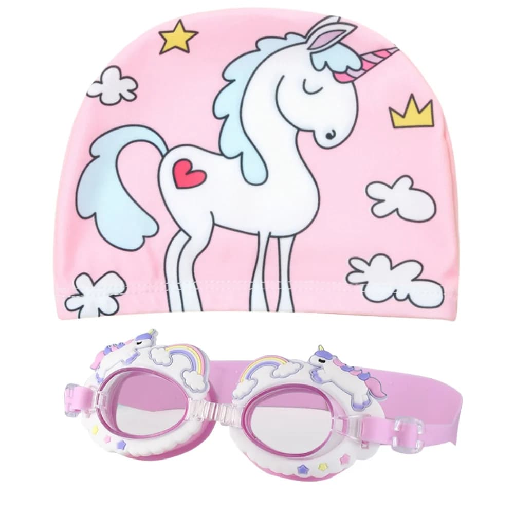 Kit natation enfants lunettes petit format anti-buée avec bonnet - Équipement complet motifs cartoon