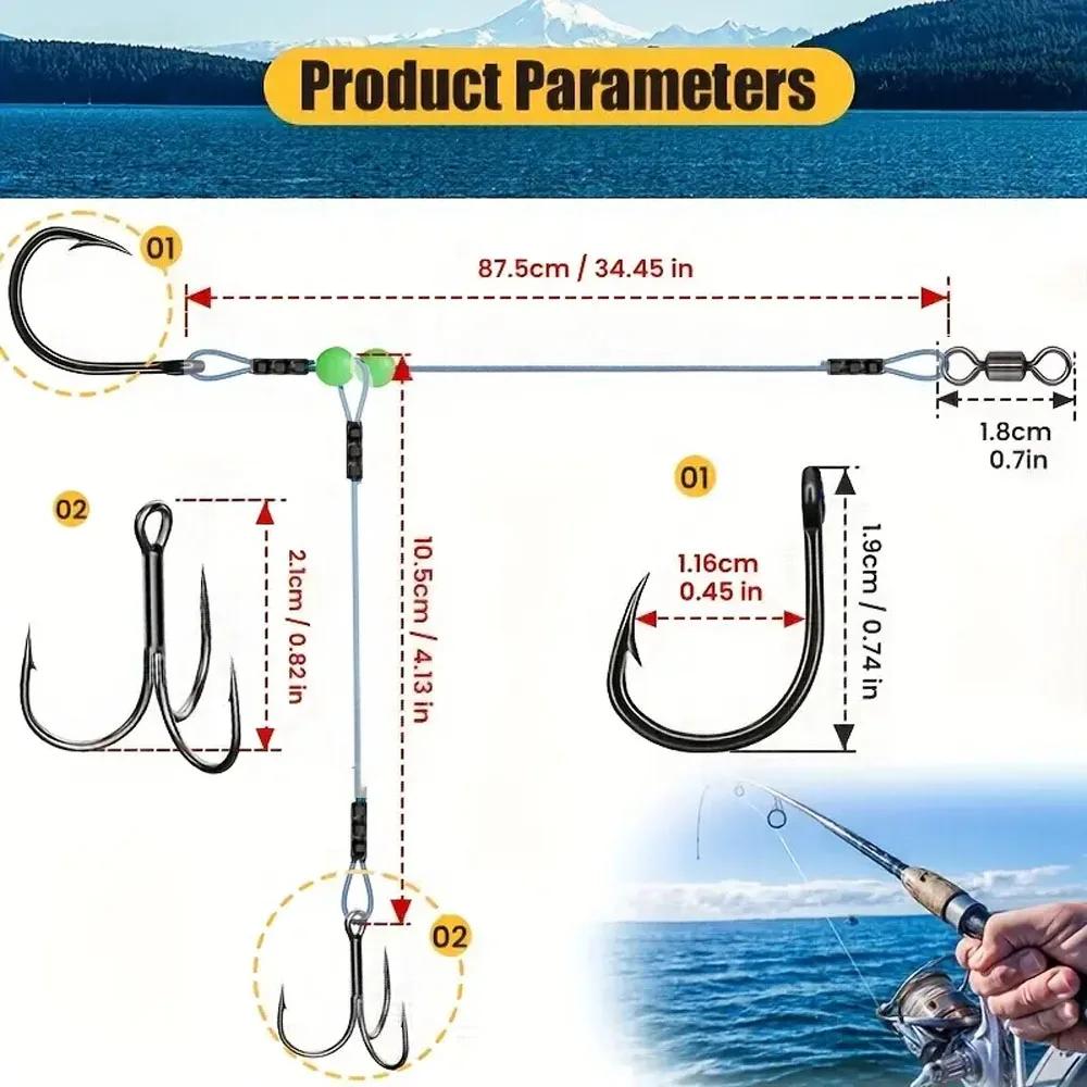 Montage de pêche double hameçon appât vivant anti-emmêlement avec perles lumineuses - acier inoxydable
