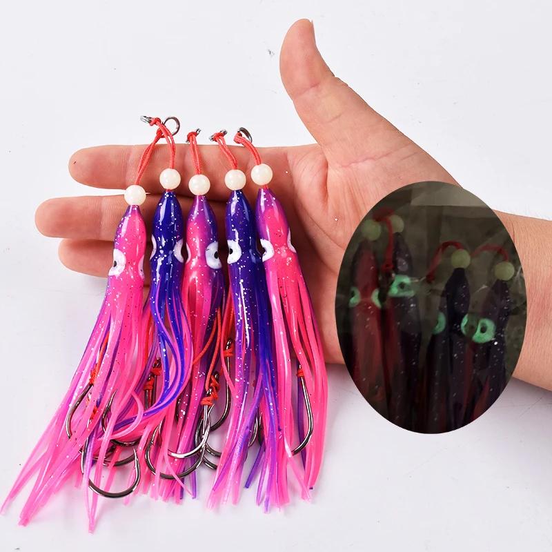 5 calamars souples 12cm avec jupes silicone et hameçons doubles assist - Pêche mer