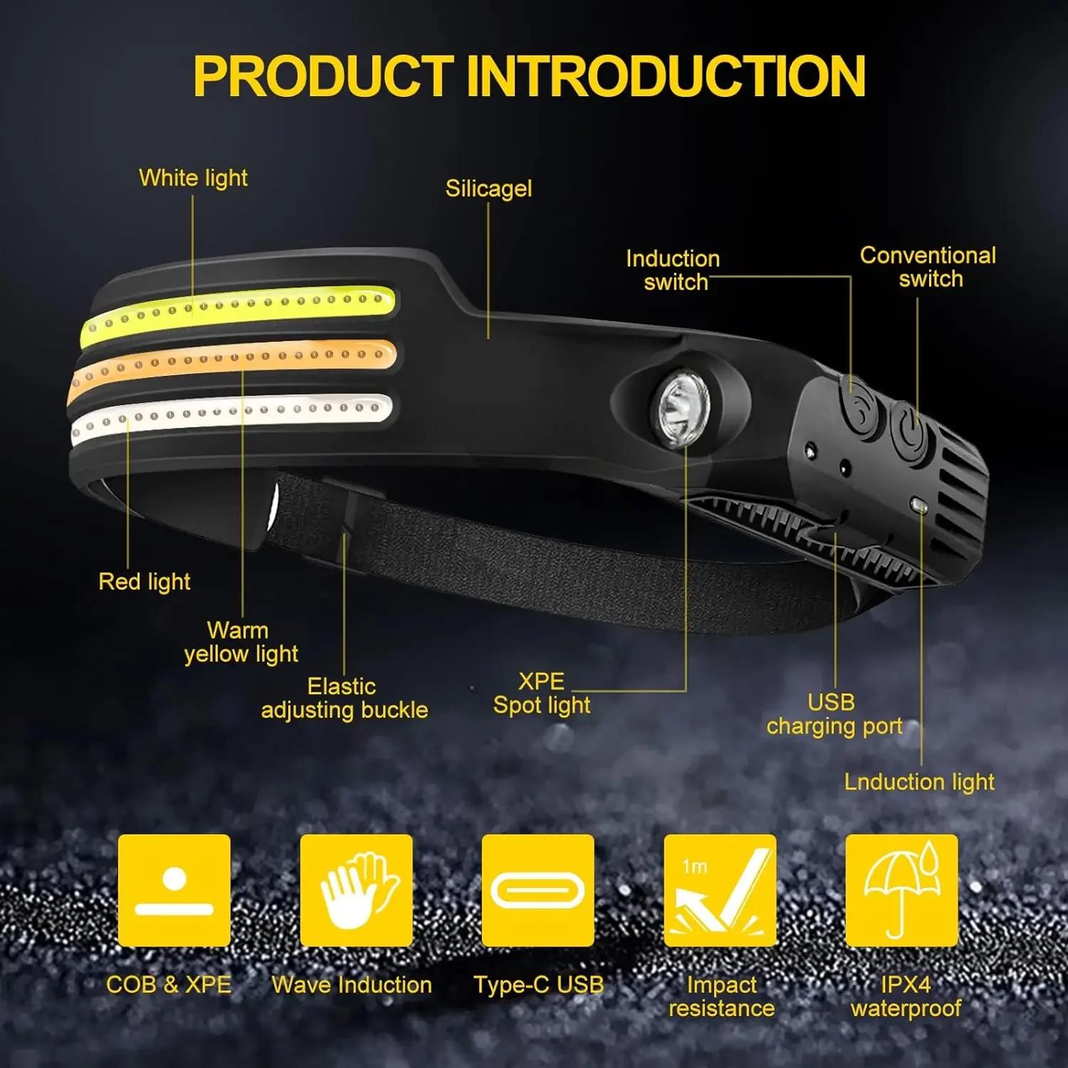 Lampe frontale rechargeable USB avec capteur de mouvement IR - 10 modes lumière blanche/jaune/rouge étanche