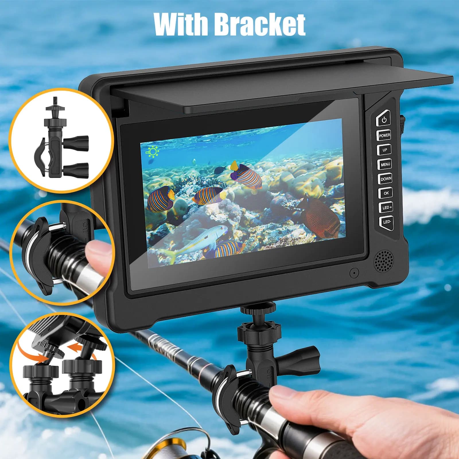 Caméra sous-marine de pêche 7 pouces 1200TVL avec LEDs blancs et infrarouges pour glace, mer, rivière
