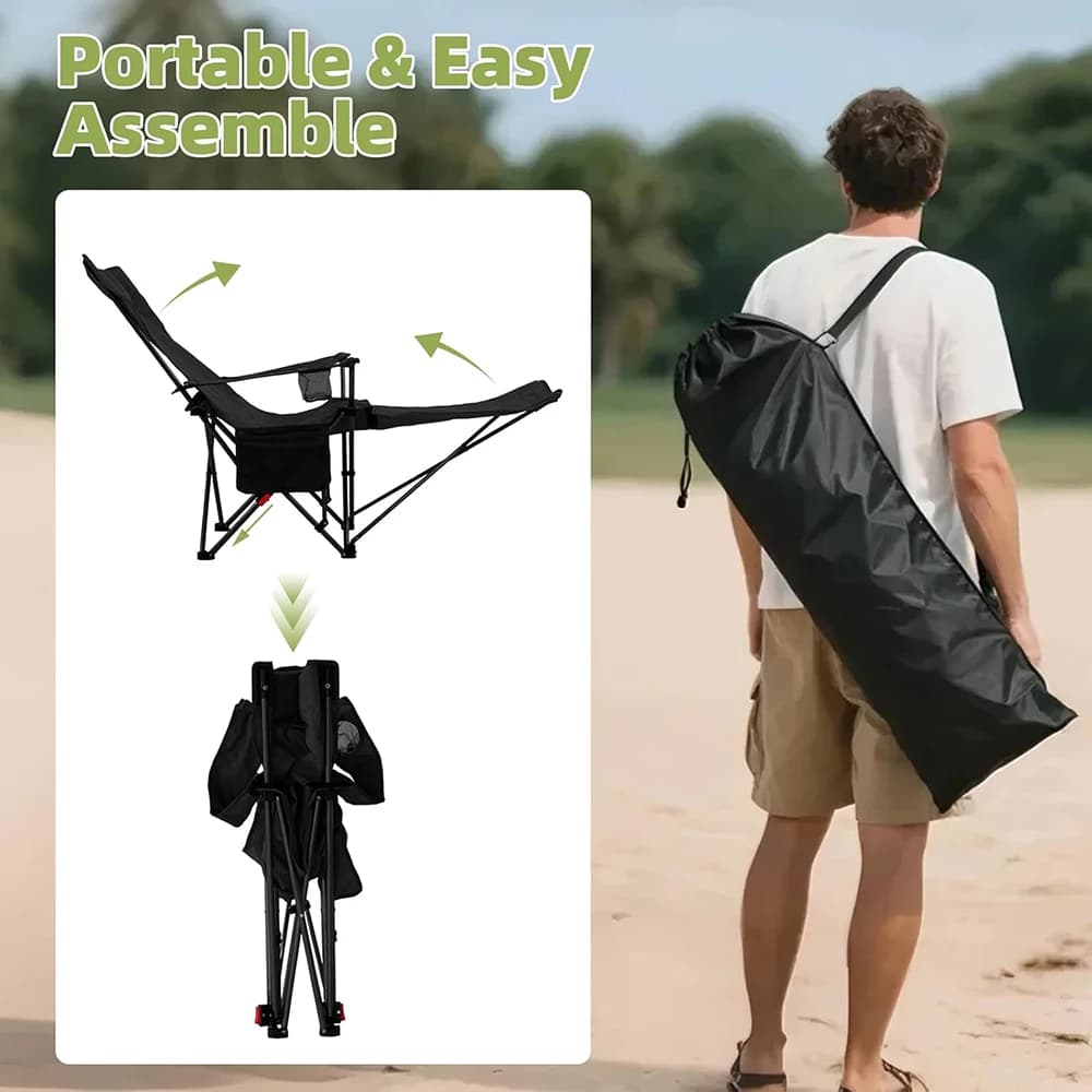 Chaise pliante portable avec sac de rangement et repose-pieds pour camping et pêche