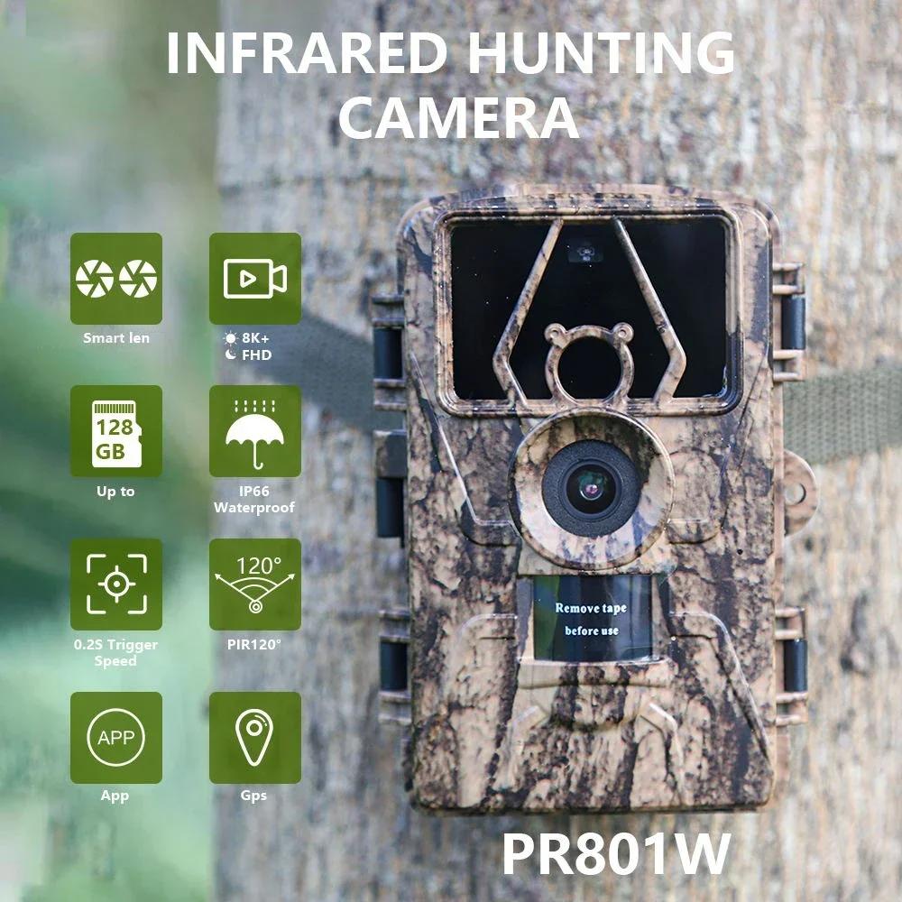 Caméra de chasse 8K WiFi PR801W 60MP étanche vision nocturne surveillance ferme application mobile