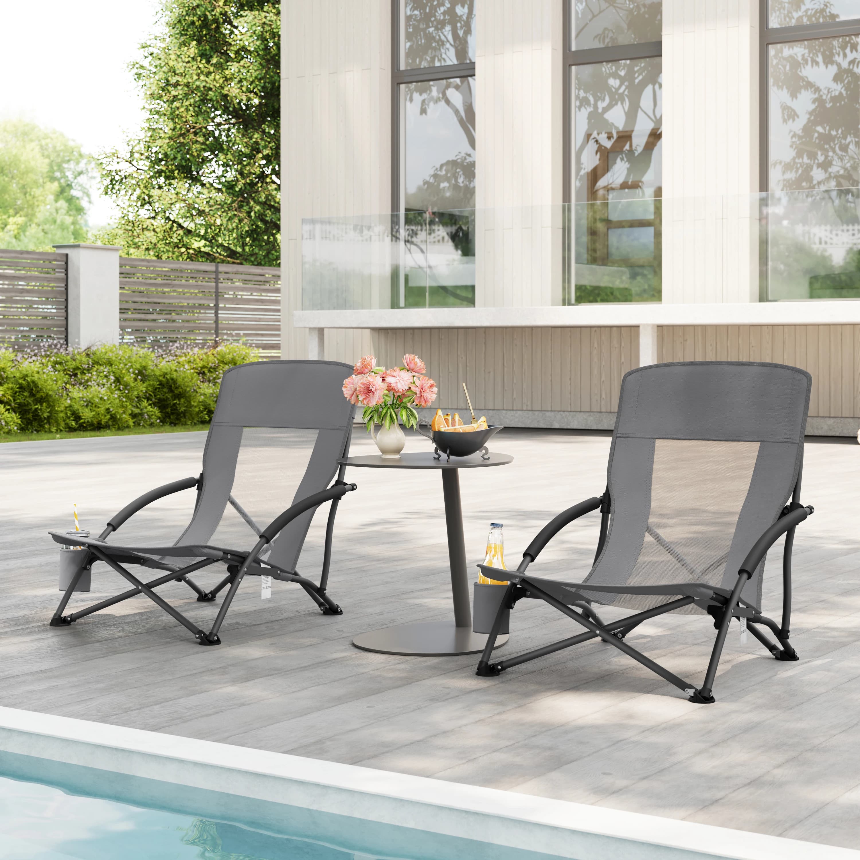 Chaise pliante pêche WOLTU avec accoudoirs et porte-gobelet - Siège pliant plage camping gris foncé