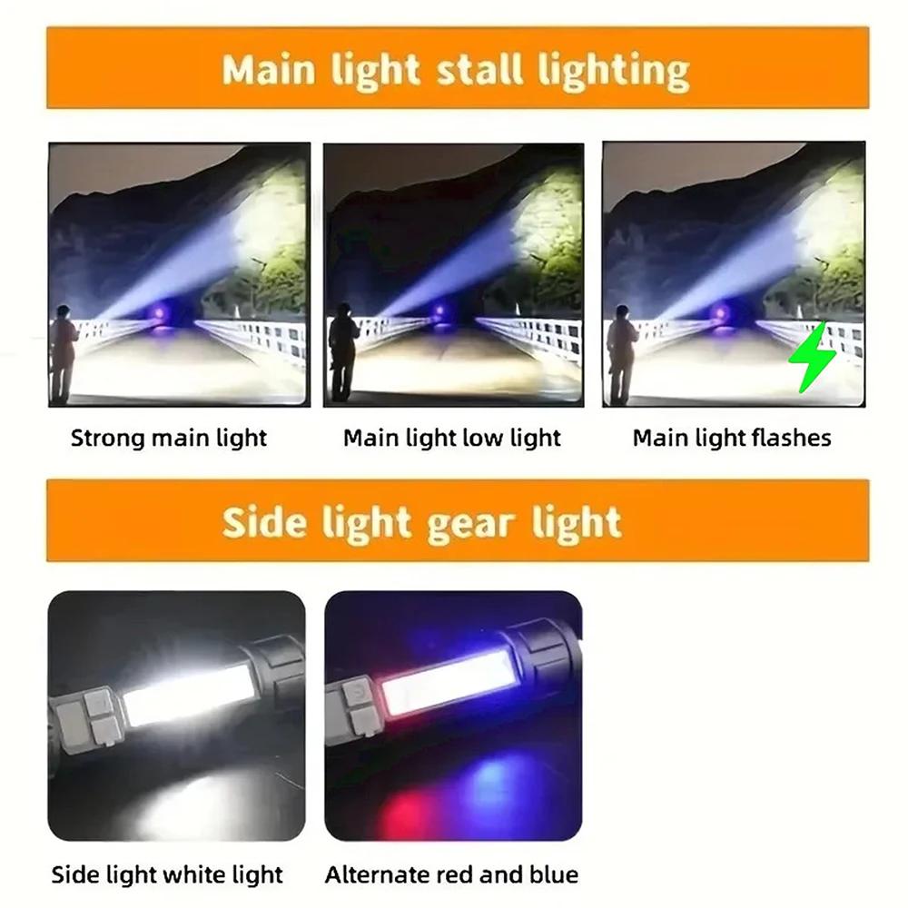 Lampe torche LED rechargeable TYPE-C haute puissance - Projecteur COB lumière latérale pêche camping