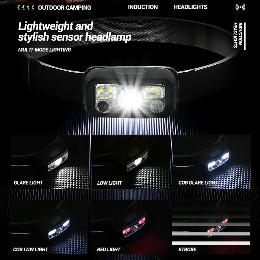 Lampe frontale LED pêche rechargeable USB 8 modes capteur de mouvement puissante pour camping