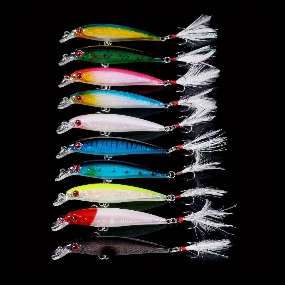 Set 10 leurres minnow avec plumes pour black bass - Leurres crankbait 9cm/7g prise rapide