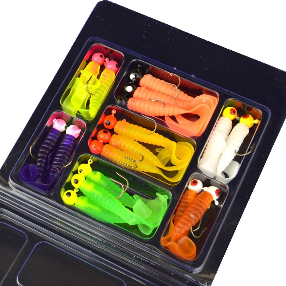Kit pêche leurres souples: 17 têtes plombées + 17 leurres silicone vers pour truite, perche, sandre