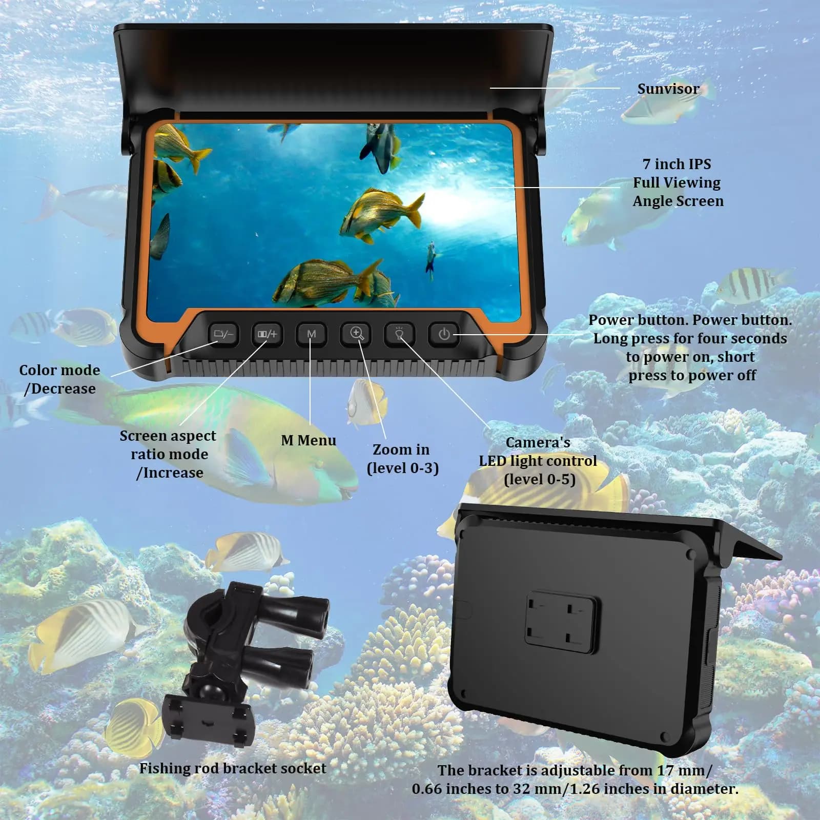 Caméra sous-marine pêche 7 pouces vision nocturne infrarouge 30m câble étanche portable pour pêche glace