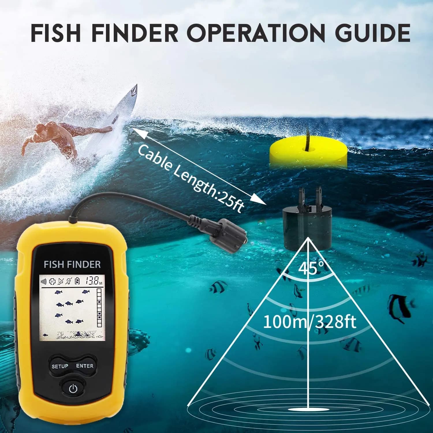 Détecteur de poissons portable Alarm 100M avec sonar 45° - Sondeur écho avec alarme pour pêche lac et mer
