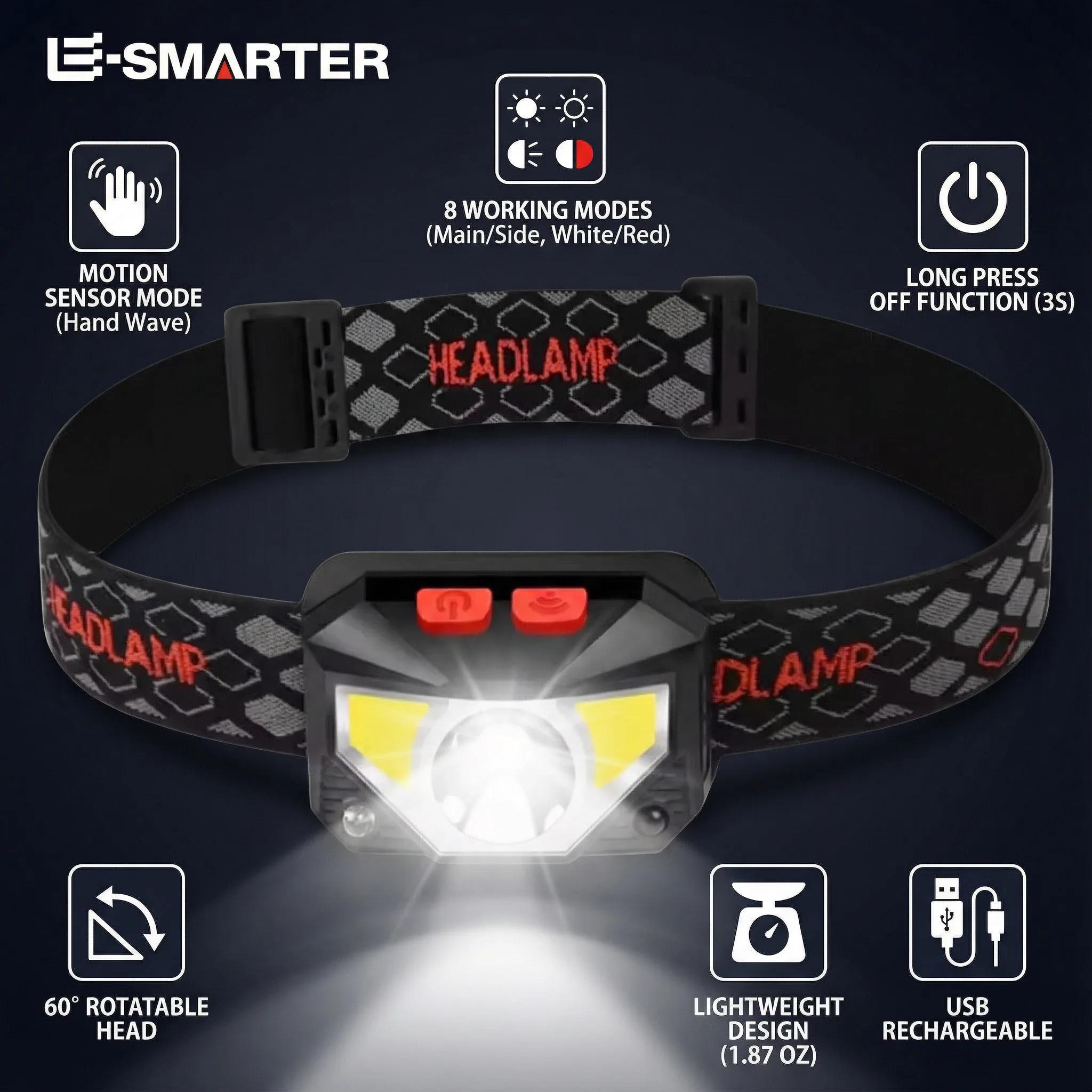 Lampe frontale rechargeable à capteur COB et LED 8 modes lumière blanche et rouge pour pêche
