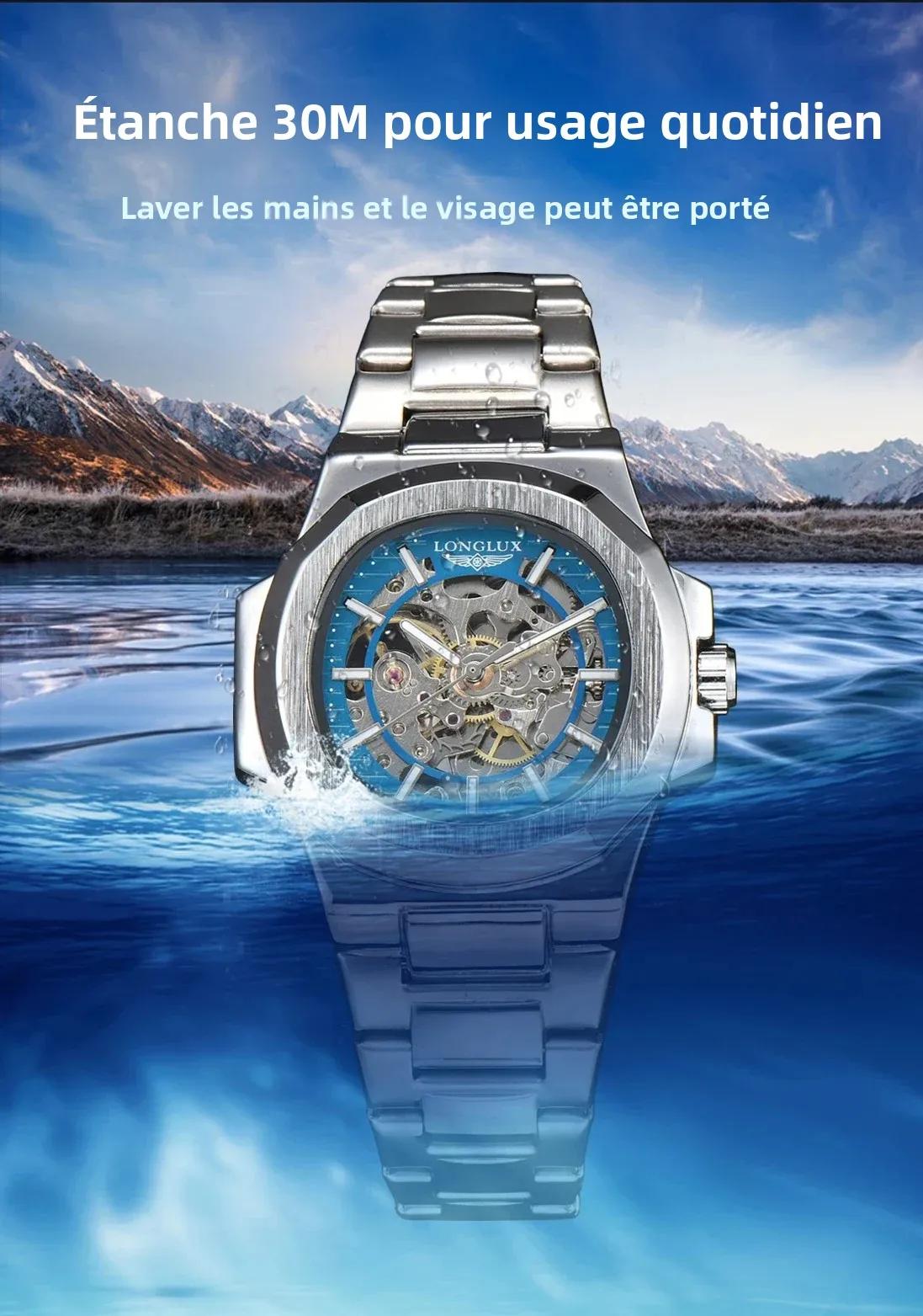 Montre automatique mécanique homme LONGLUX luxe squelette étanche acier inoxydable cadeau