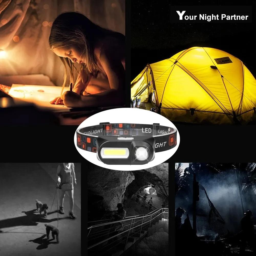 Mini lampe frontale pêche rechargeable USB - Double source lumière XPE+COB pour pêche nocturne