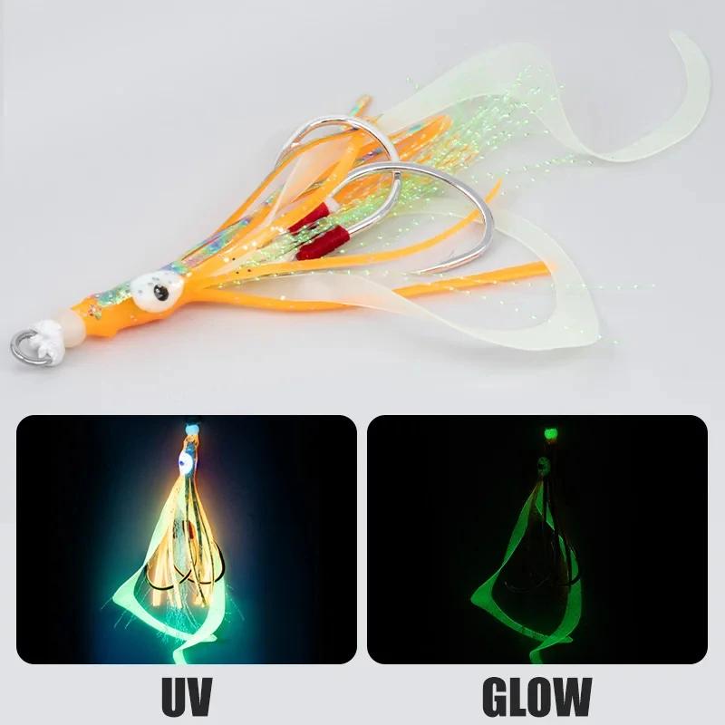 Leurre souple calamar fluo HK018 avec hameçons assistés pour pêche en mer et jigging lent