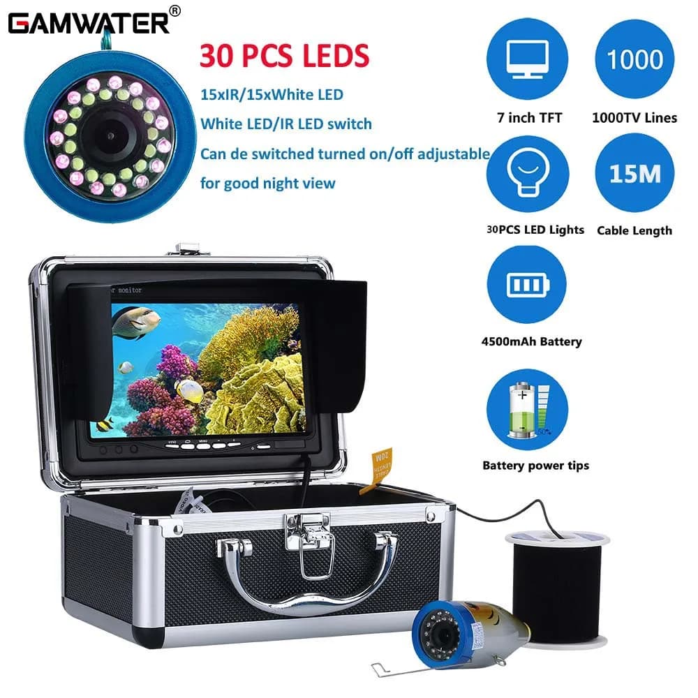 Caméra de pêche hivernale GAMWATER 7 pouces 30 LEDs - Fishfinder étanche IP68 pour glace, mer et rivière