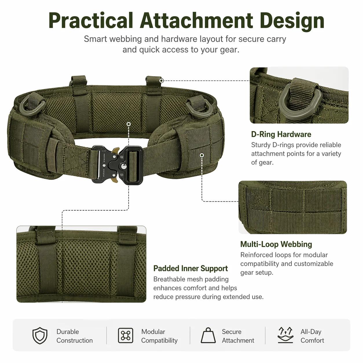 Ceinture tactique nylon MOLLE avec boucle métal - Équipement outdoor chasse pêche