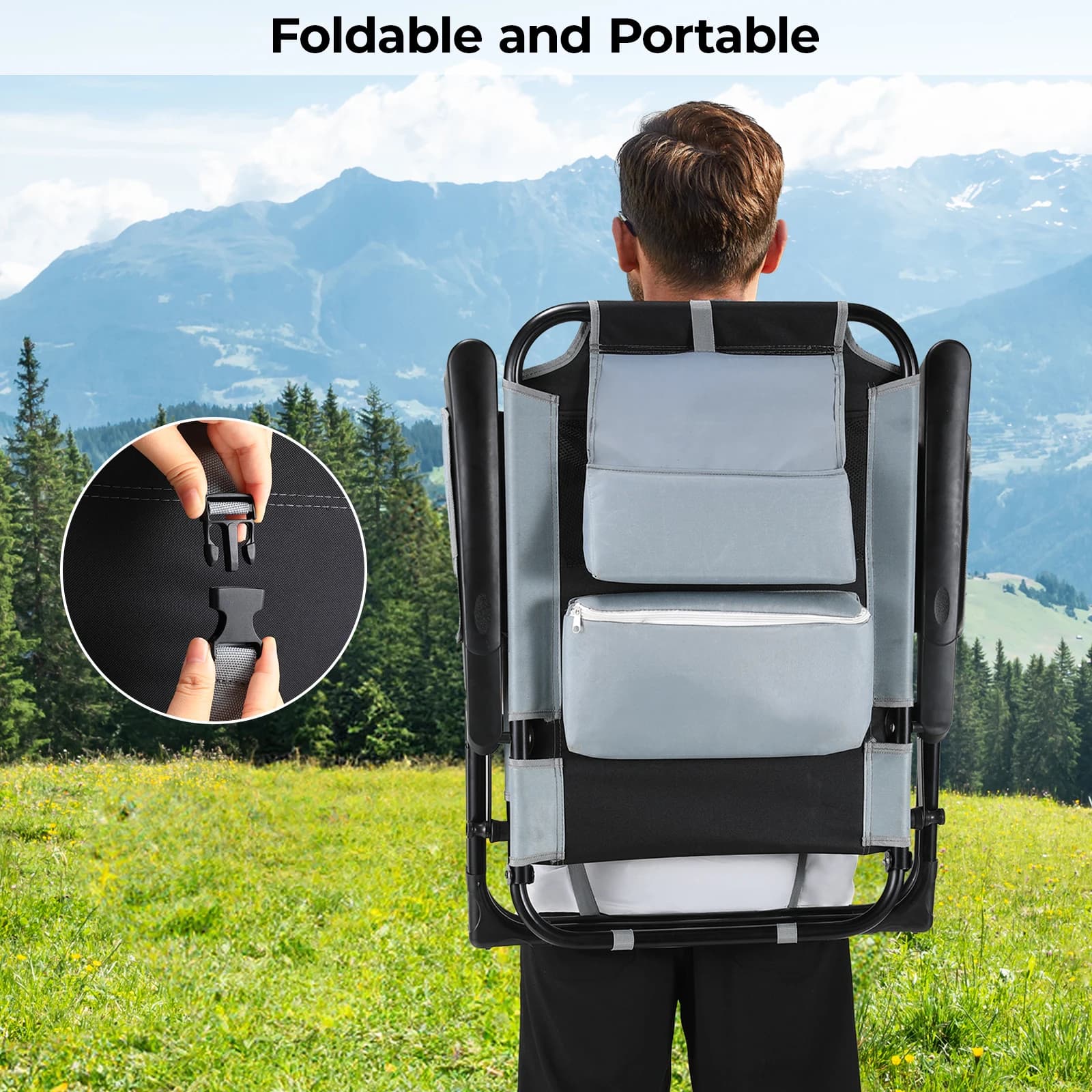 Chaise pliante dossier et accoudoirs réglables - Siège camping gris oxford 140kg pour pêche