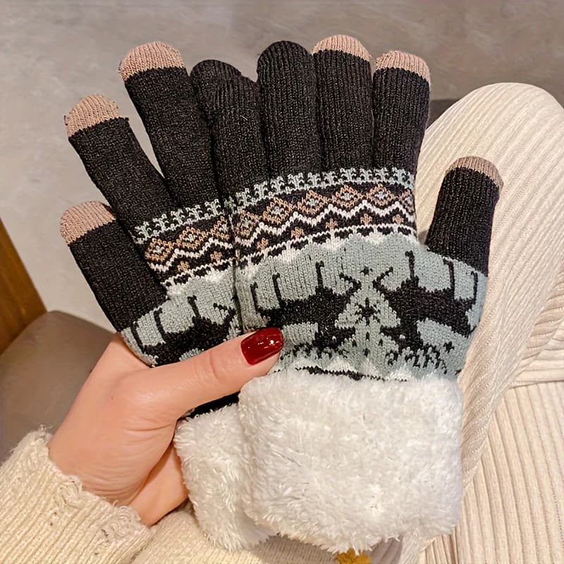 Gants de pêche en laine jacquard renne Noël, doublure polaire épaisse pour hiver froid et écran tactile