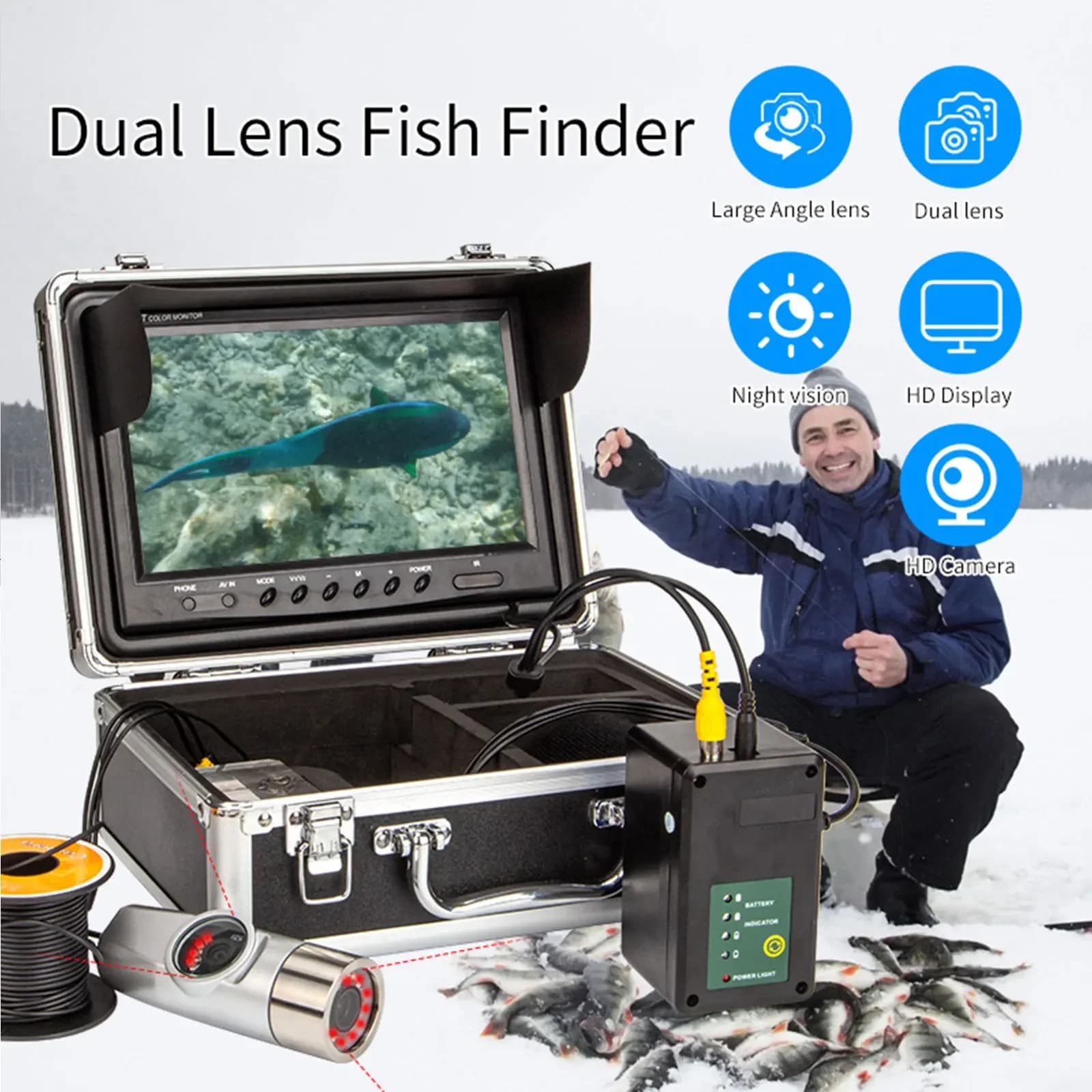 WF20 caméra double objectif écran 7 pouces sondeur poissons visuel HD grand angle sous-marine bateau pêche détecteur