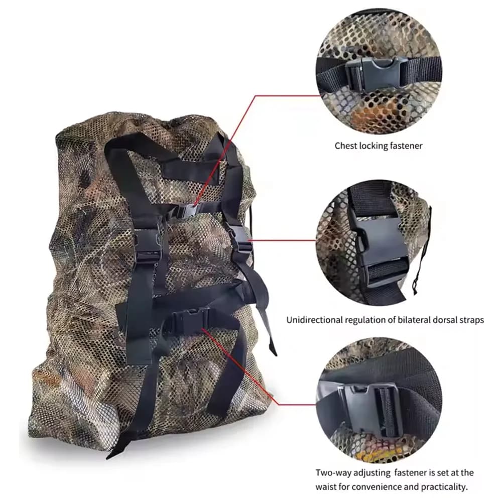 Sac filet de transport pour leurres de chasse avec sangle d'épaule et cordon de serrage portable