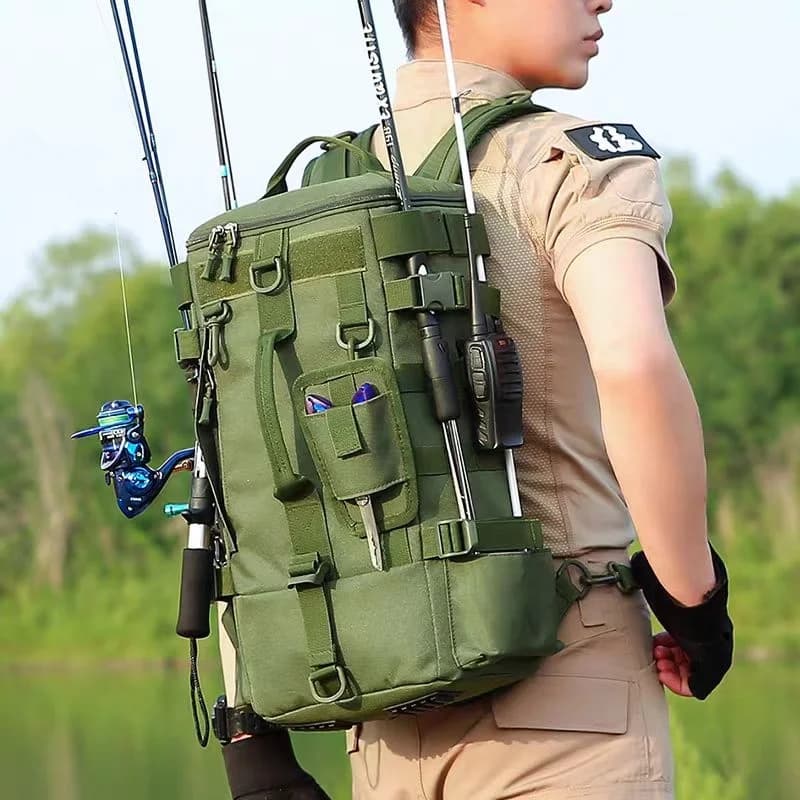 Sac à dos pêche multifonction étanche avec porte-cannes pour randonnée et camping - design durable