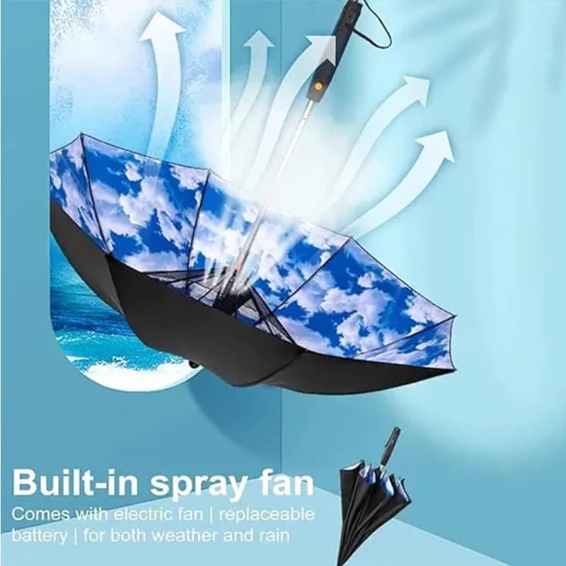 Parapluie ventilateur brumisateur 3 en 1 portable avec batterie et protection UV pour rafraîchissement été