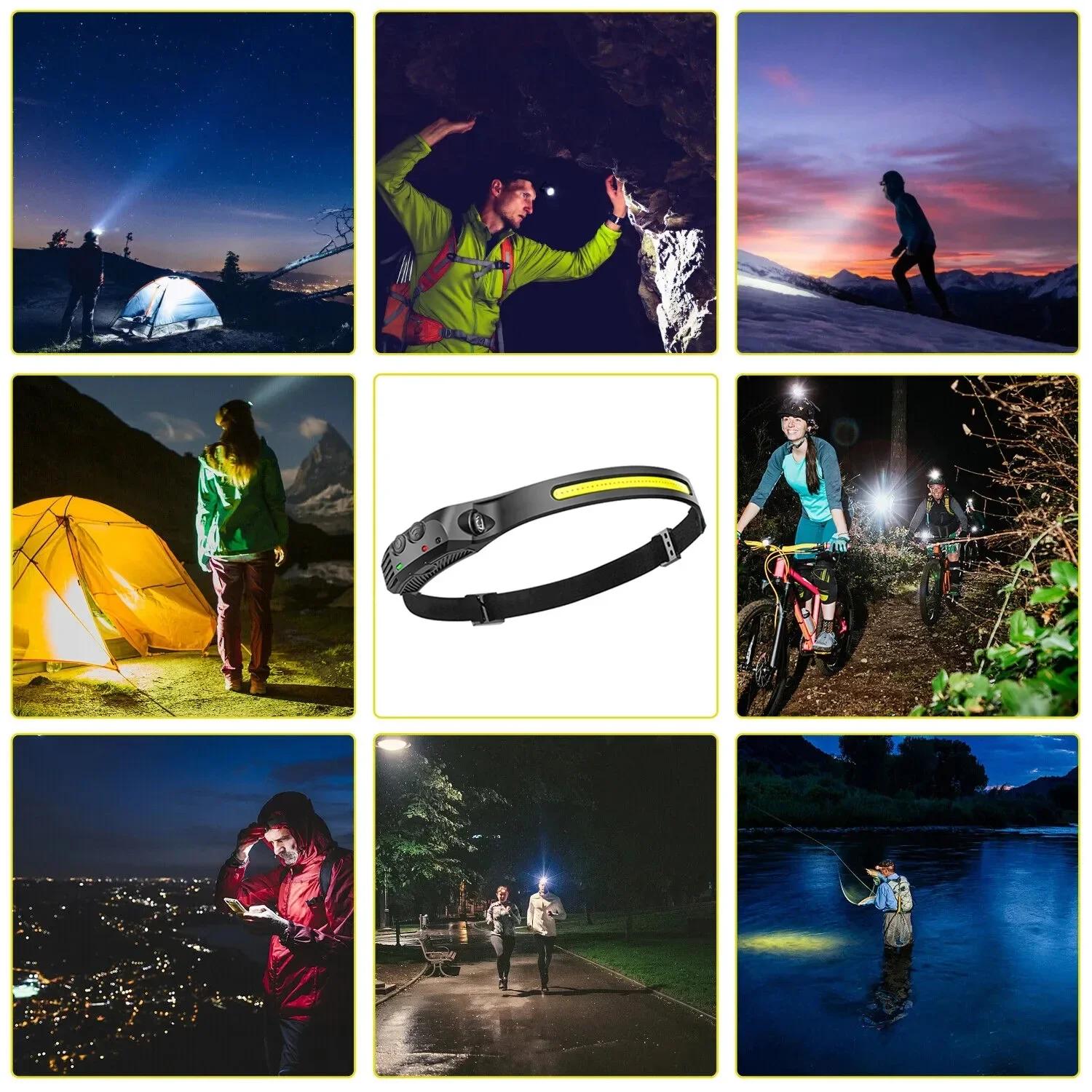 Lampe frontale induction COB+LED rechargeable USB étanche pour pêche nocturne et camping