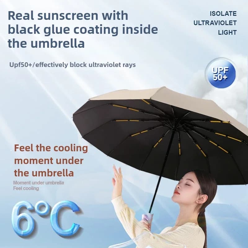 Parapluie auto-pliant UPF50+ 16 baleines grand format - Protection vent UV pluie design voyage léger