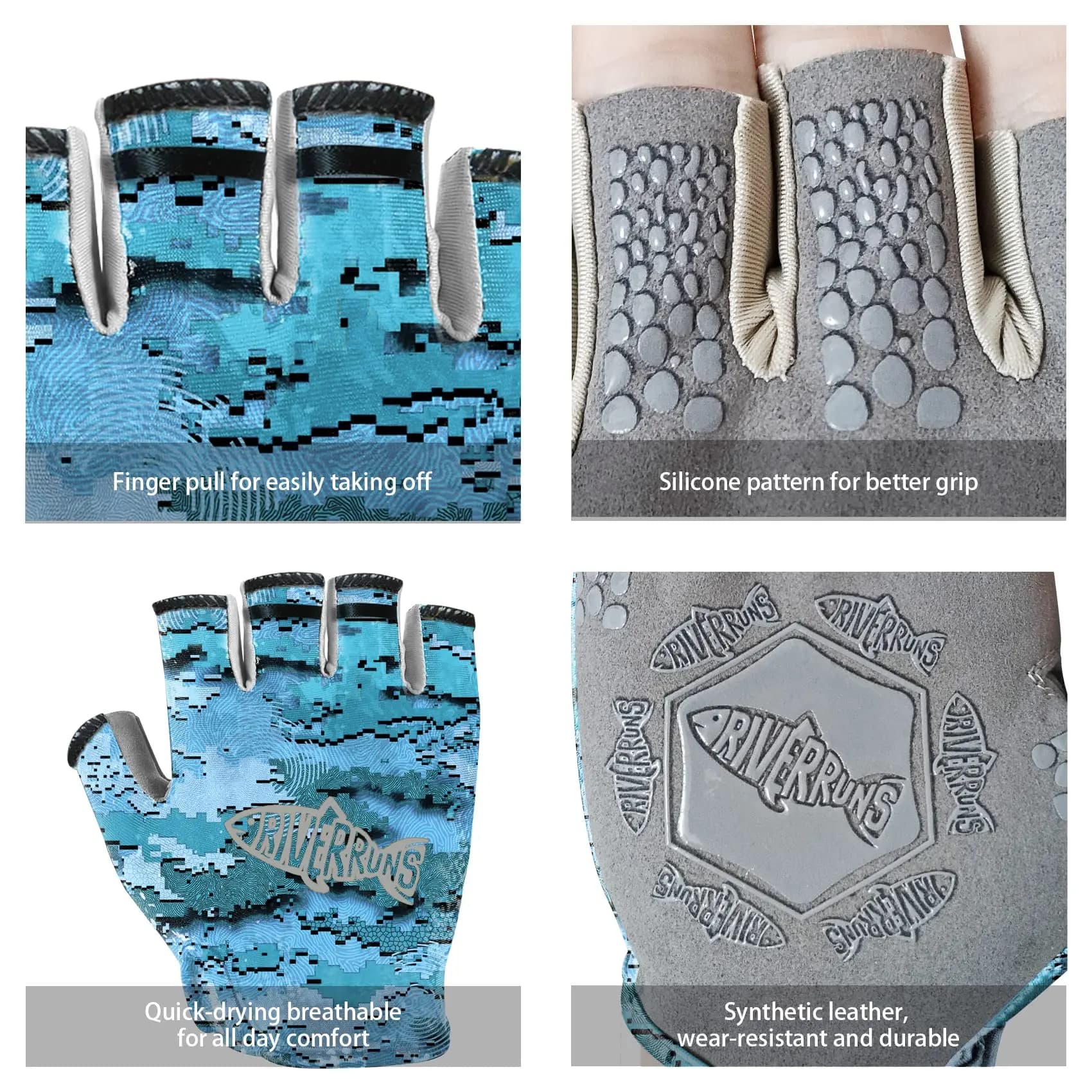 Gants pêche UPF50+ sans doigts léger respirant kayak paddle protection solaire homme pêcheur