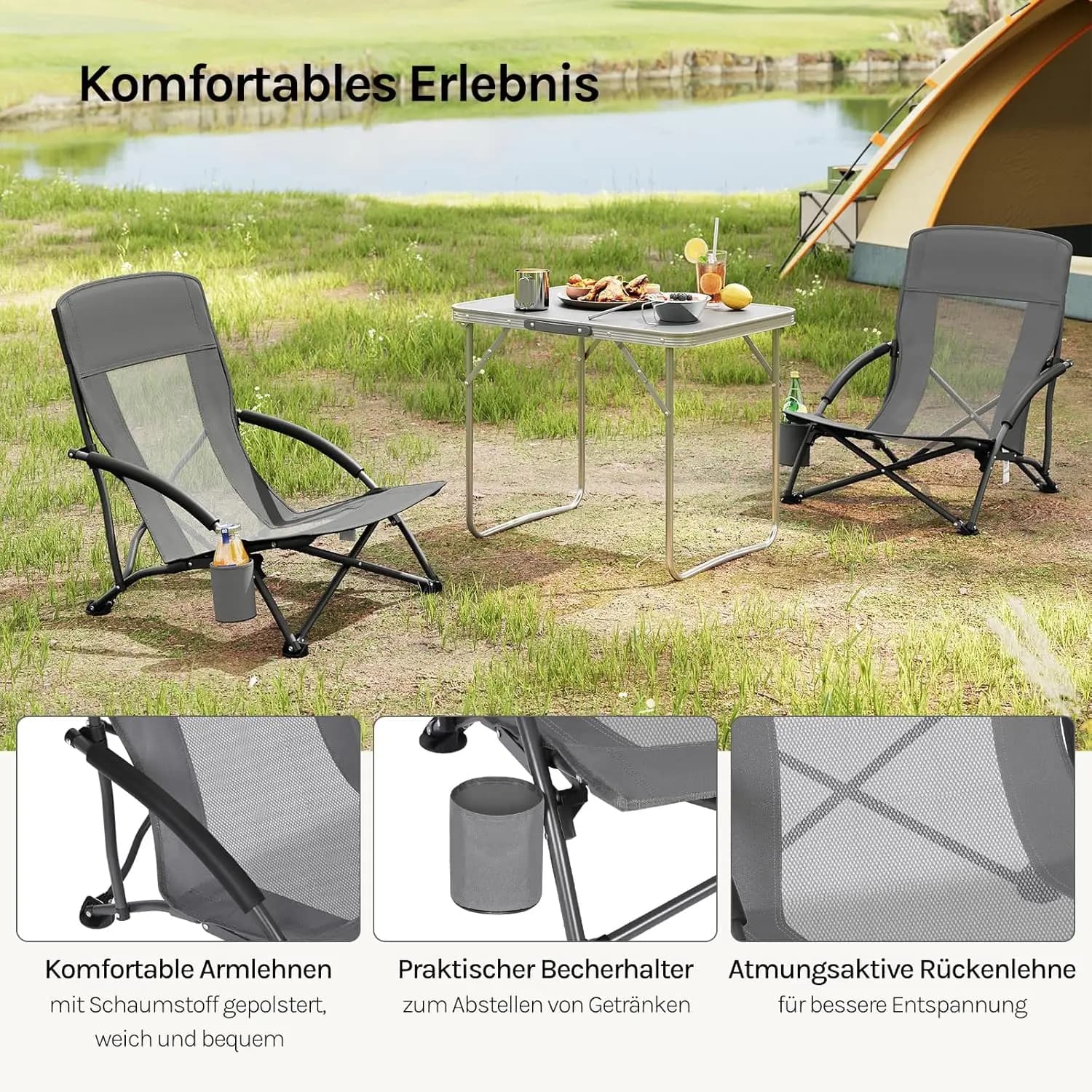 Chaise pliante pêche WOLTU avec accoudoirs et porte-gobelet - Siège pliant plage camping gris foncé