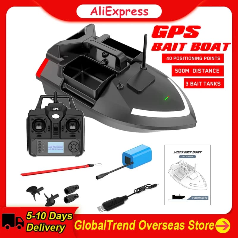 Bateau appât télécommandé GPS V020 500m avec sondeur poissons, double moteur et fonctions automatiques