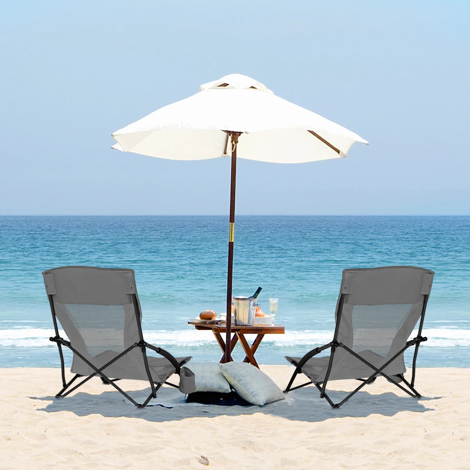 Chaise pliante pêche WOLTU avec accoudoirs et porte-gobelet - Siège pliant plage camping gris foncé